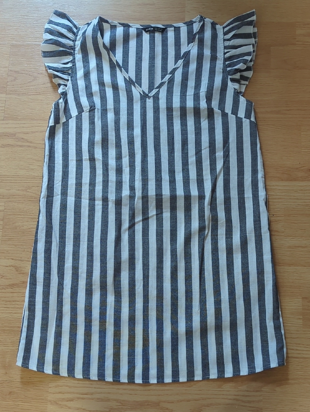 Striped V-Neck Flutter Sleeve Dress - Black & White